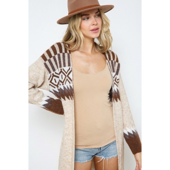 Taupe & Brown Aztec Tribal Western Boho Long Open Knit Cardigan Casual Sweater - Picture 7 of 8